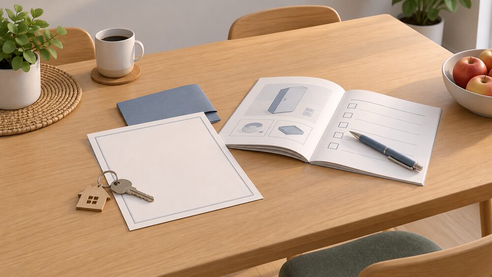 A kitchen table with a blank commissioning certificate and a folded service record beside an open manufacturer's instruction booklet, a house key resting on the papers to suggest transfer to a new owner, and a pen lying across the checklist page.
