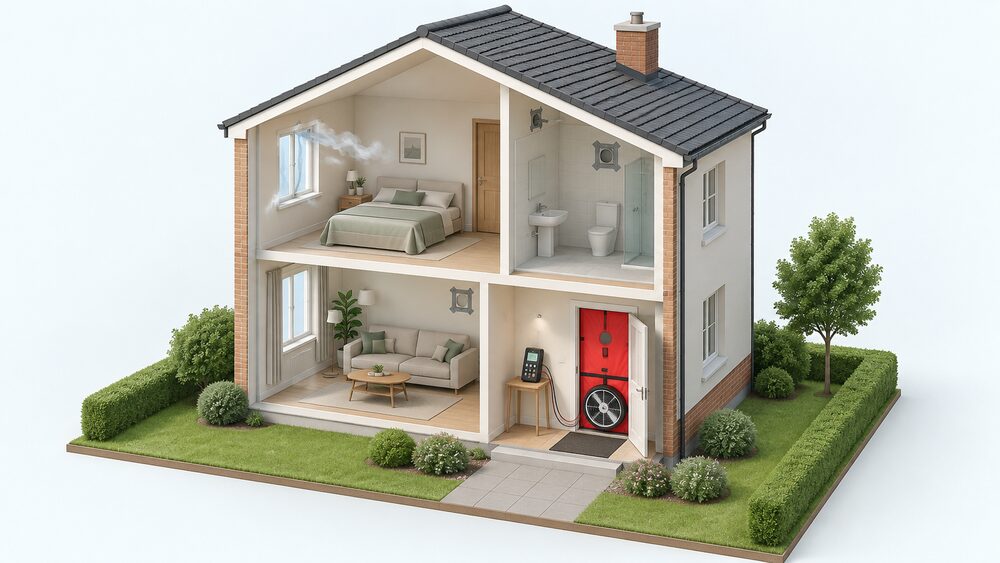 A cutaway view of a small house with a blower door fan unit sealed into an open external doorway, pressure gauge and control equipment beside it, while smoke from a smoke pencil drifts from a leak around a window frame to reveal an air leakage path.