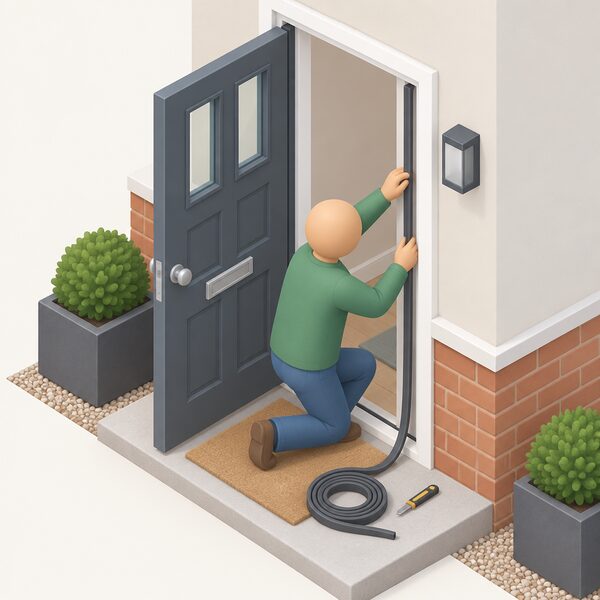 A simplified isometric figure kneels at an open external front door of a house, pressing a continuous strip of draught-proofing seal into the groove around the door frame's inner edge, with a length of seal strip and small hand tools resting on the floor nearby.
