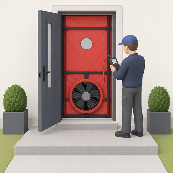 A blower door fan assembly fitted into the open front doorway of a new dwelling, with a technician standing beside it operating the connected pressure gauge as the equipment is set up to carry out an air pressure test.