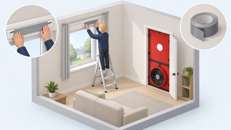 A technician on a stepladder presses tape over a trickle vent in the frame of an upstairs window, sealing the ventilation opening before an air permeability test, with a blower door fan set up in a doorway below.