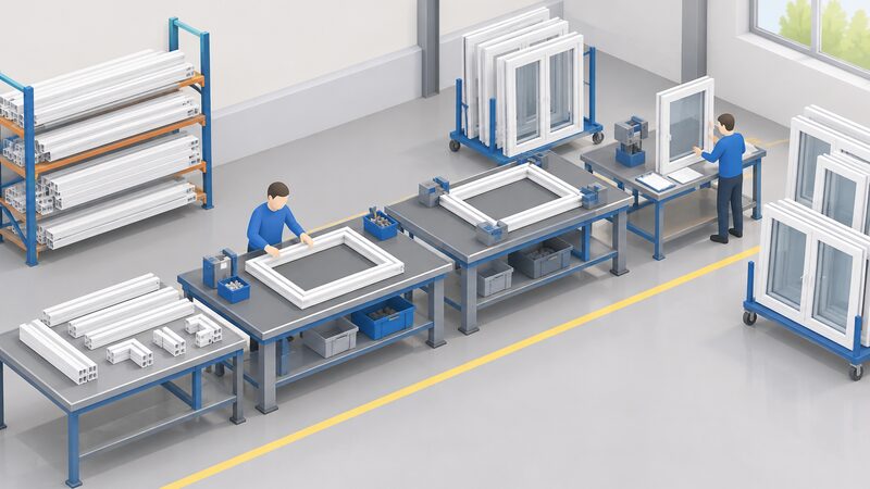 A simplified isometric view inside a bright British factory where a plain-clothed worker guides a white uPVC window frame along a production line of workbenches, with cut frame profiles, corner joints and a quality-check bench nearby, showing windows being made from start to finish.