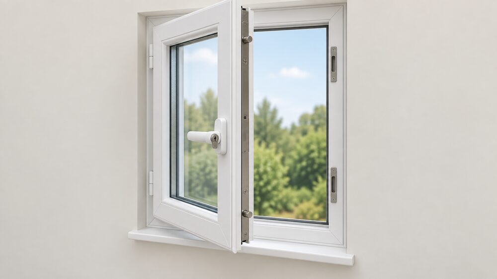 A close-up of a made-to-measure uPVC casement window with double glazing, shown from inside with its key-locking handle, steel shoot bolt locks at the frame edge and internal beading visible, standing against a plain wall.