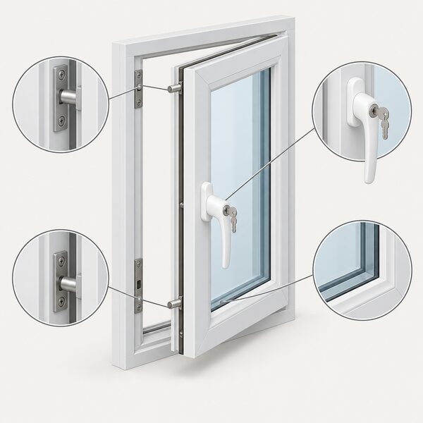 A cutaway isometric view of a white uPVC casement window, open sash shown with a key-locking espagnolette handle on the side of the sash and steel shoot bolt locks protruding from the sash edge into the frame keeps, with toughened double glazing and internal beading visible.