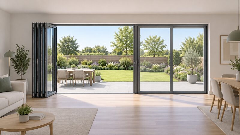 An interior view of one wide wall opening onto a garden patio, with a bifold door on one half fully folded into a stack of leaves projecting into the room, and beside it a closed sliding door whose panels sit flat in the plane of the wall.