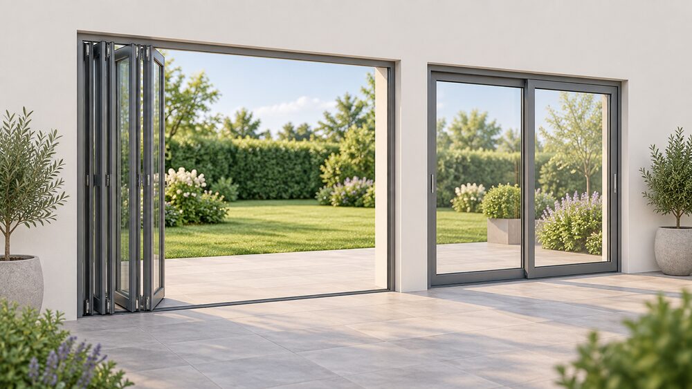 A cutaway wall opening to a garden showing two glazed aluminium doors side by side: a bifold on the left with its glass leaves folded back in a concertina stack at one side, and a sliding patio door on the right with its two panels flat in the plane of the wall on a track, nothing projecting into the room or onto the patio.