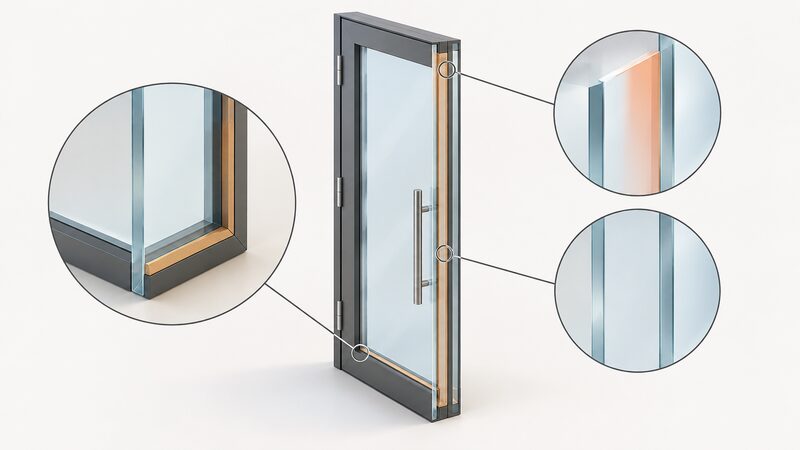 A cutaway diagram of a double glazed door unit showing two glass panes, the sealed insulating gap between them, a warm edge spacer around the unit's perimeter, and a coating indicated on the inner pane's room-side surface.