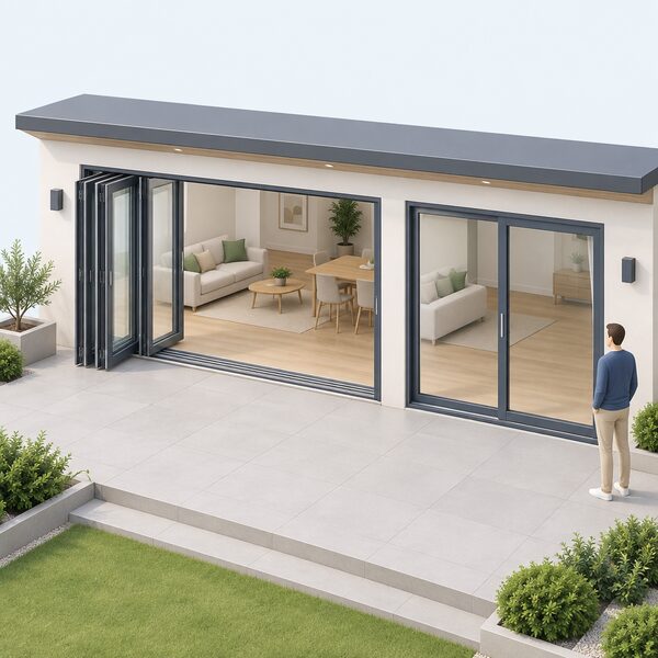 A large four-leaf aluminium bifold door standing fully open beside a closed two-panel sliding patio door, both set in a wide rear wall opening of a house, showing the bifold's extra frame, glass area and heavier track hardware against the slider's simpler two-panel arrangement.