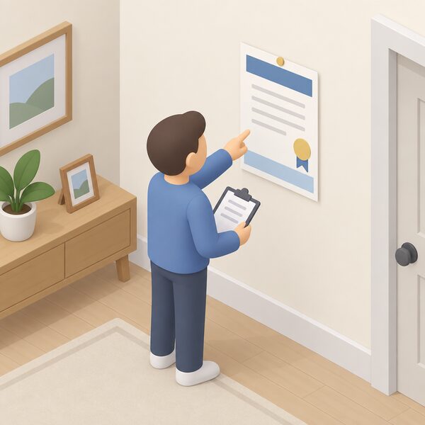 A paper accreditation certificate pinned to a household wall, shown as a physical sheet with plain colour bands and blank lines instead of readable text, beside a simplified isometric figure of a homeowner pointing at it while checking an installer's claims.