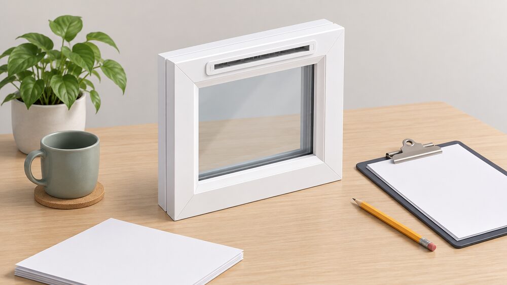 A small white window frame section with a slot-type trickle vent set into its head stands on a table beside blank paperwork, a clipboard and a pencil, showing the moment a window replacement raises the ventilation question.