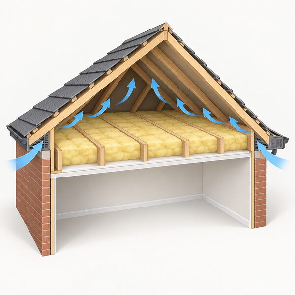 A cutaway cross-section of a pitched roof with insulation laid over a horizontal ceiling, showing permanent ventilation openings at the eaves allowing air to flow into the loft space above the insulation.