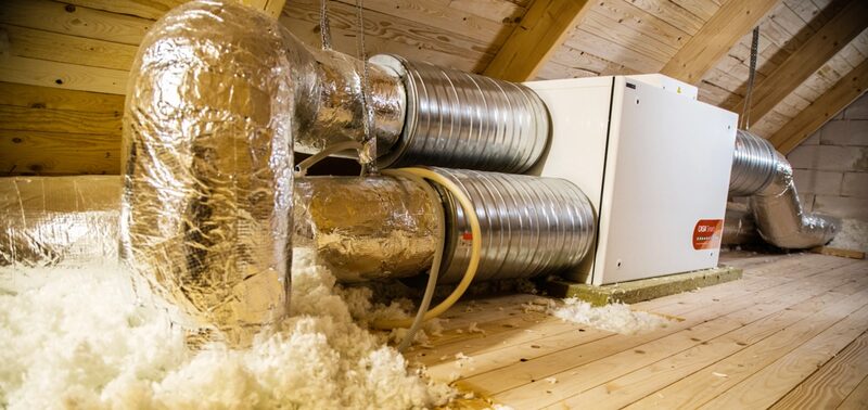 A Swegon CASA mechanical ventilation unit with insulated ducting installed in a loft space