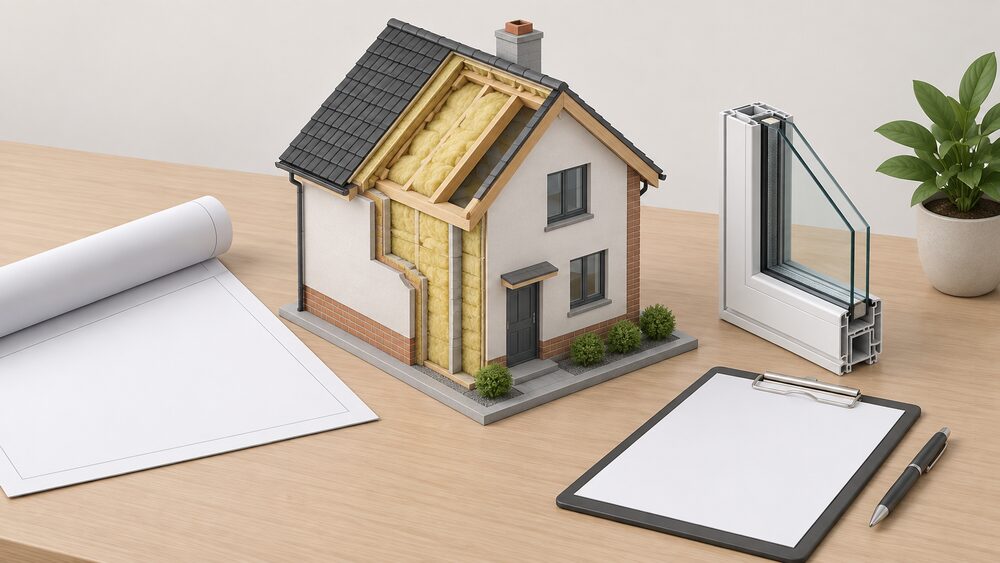 A small cutaway model of a house with a thick insulation layer visible in its walls and roof, standing centrally on a desk beside a blank rolled building-regulations drawing, a double-glazed window sample with a visible frame and spacer, and a clipboard with a blank form.