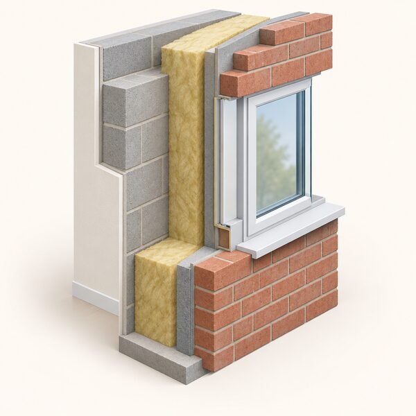 A cutaway view of a newly built house's external wall showing its layered insulated construction, with a thick insulation layer between the inner blockwork and outer brick or render layers, and a double-glazed window set into the wall.