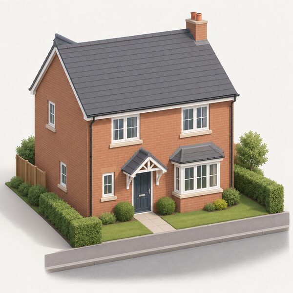 An ordinary detached British dwelling house seen from outside on a plain street, drawn simply with its walls, pitched roof, windows and front door clearly visible, standing alone with no people, documents or equipment, so the illustration reads as a typical home covered by the regulations.