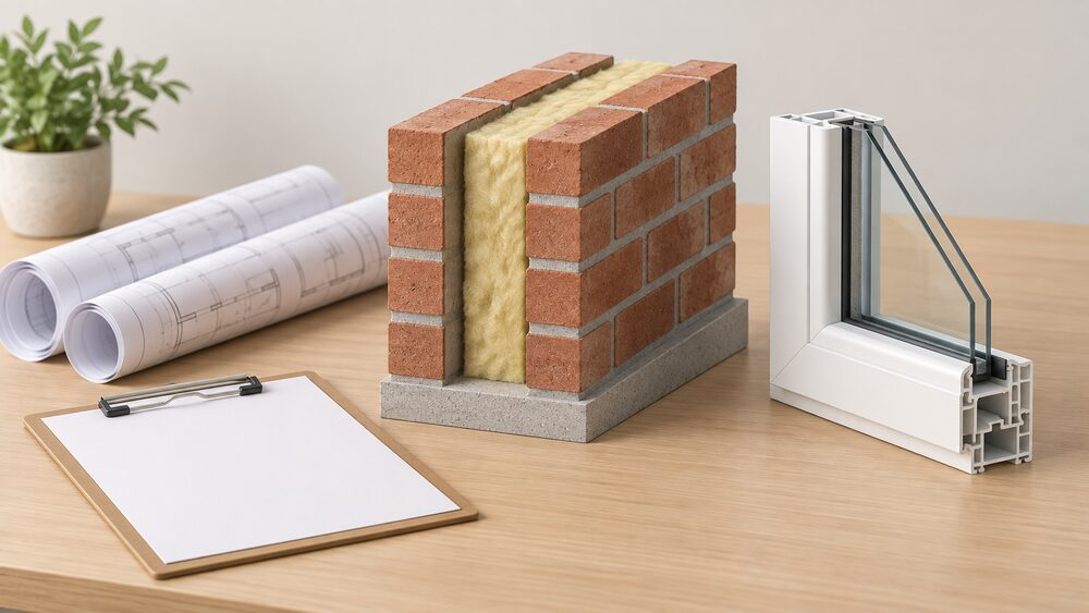 A small cutaway model of a brick cavity wall with mineral fibre quilt filling the cavity sits on a table beside a rolled set of drawings, a blank clipboard, and a sample window frame with a double-glazed unit, all lit by plain daylight.
