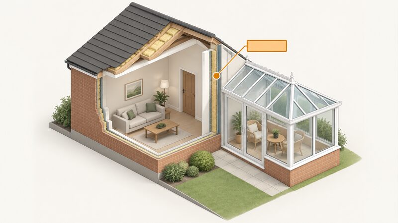 A cutaway view of a dwelling joined to an attached conservatory, with the separating wall shown in section as a thick insulated layer and a simple blank label tag pointing to that wall to indicate its U-value, drawn as a plain colour band with no readable figures.