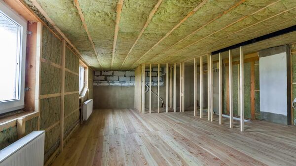 A room under renovation with stone wool insulation fitted between timber battens on the walls and ceiling