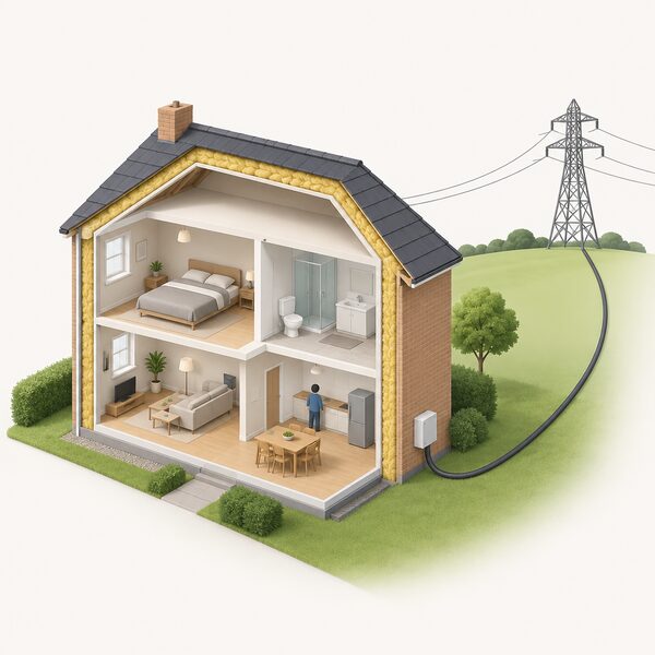 A simple cutaway view of an ordinary existing house with insulated walls and a roof, a cable running from the house to a grid pylon in the distance, showing the dwelling still drawing imported energy despite its improved fabric.