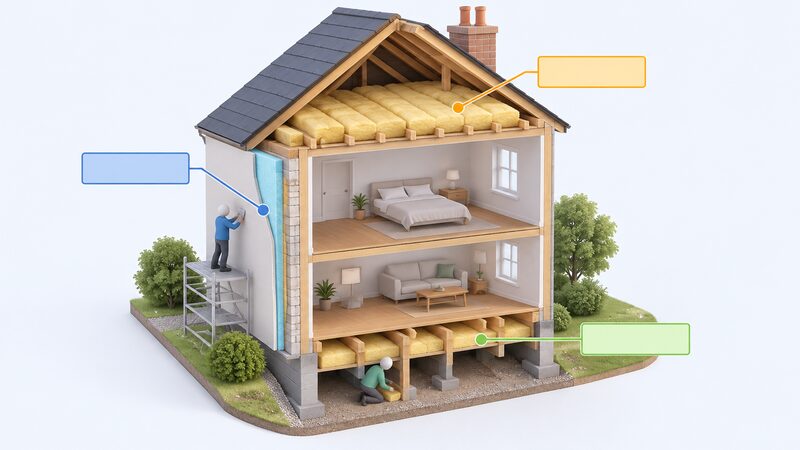 A cutaway cross-section of a small dwelling showing its external wall, pitched roof with loft insulation and suspended timber floor, each element marked with a plain colour band and a blank label block indicating its U-value target at renewal.