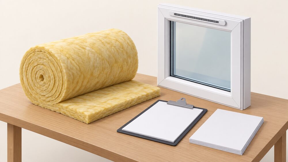 A small arrangement on a table showing a roll of thick loft insulation quilt, a double-glazed window unit with a trickle ventilator at its head, and blank paperwork with a clipboard, representing a building warrant application for insulation and glazing work in Scotland.