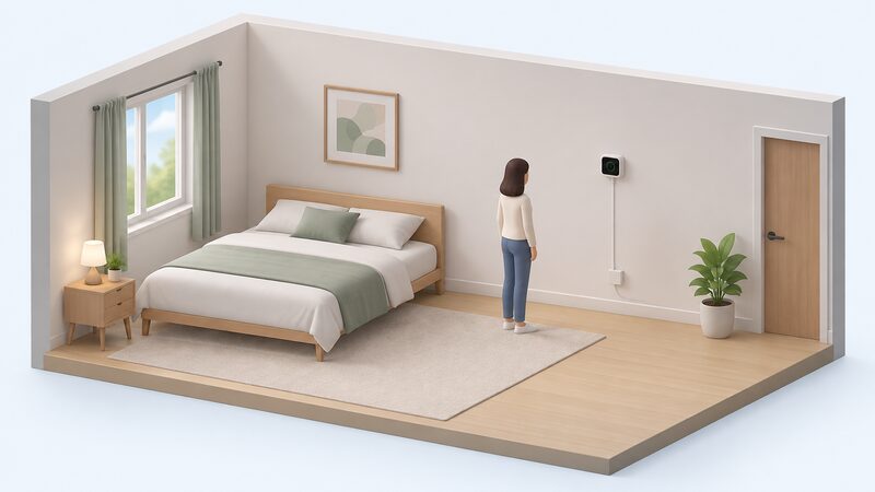 A simplified bedroom scene showing a mains-operated CO2 monitor mounted on a wall at mid-height, clearly above a bed but set back more than a bed's length from the bed-head position, with a person nearby for scale.