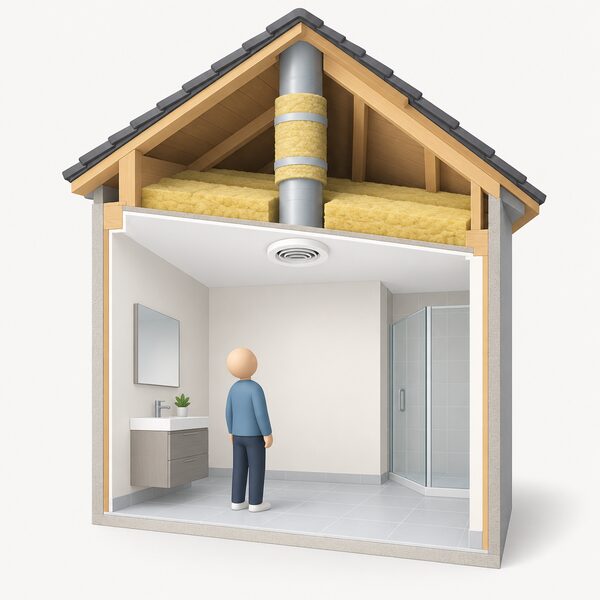 A cutaway view of a room ceiling with an automatic humidity sensitive extract grille mounted flush in it, connected to a vertical duct rising above into an insulated roof space, with a small simplified figure in the room looking up at the grille.