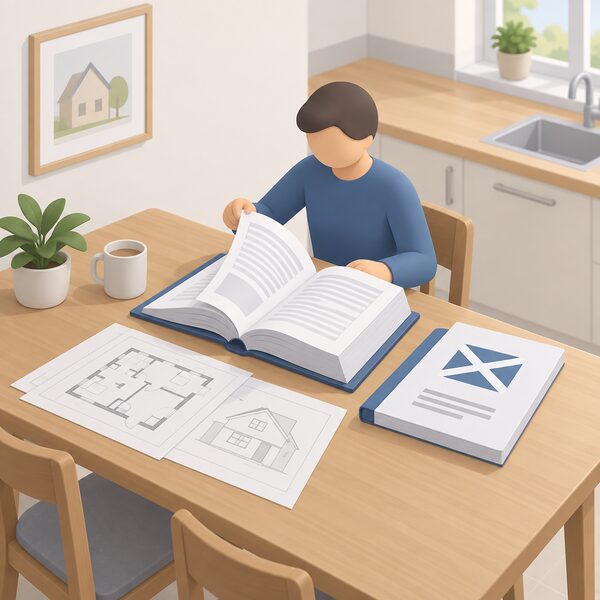 A thick technical handbook lying open on a household's kitchen table beside a set of house plans, with a simplified figure turning a page, showing the separate Scottish document a home is designed against.