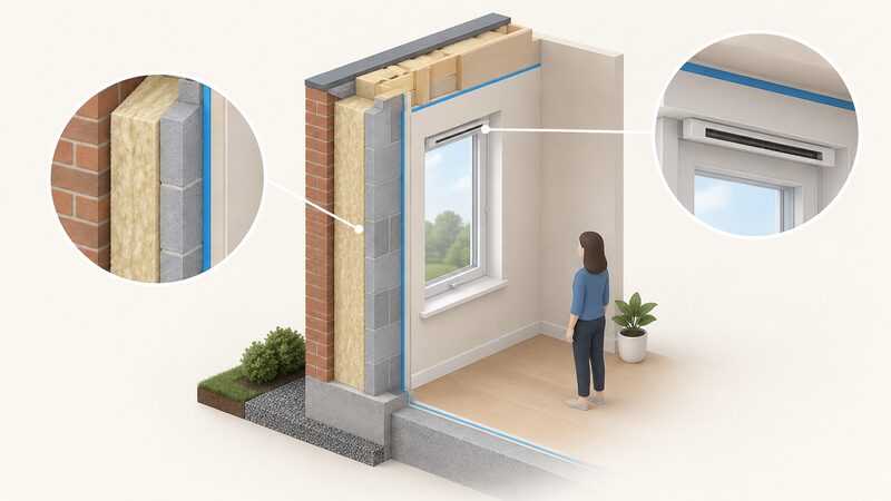 A cutaway cross-section of a Scottish new-build external wall showing a thick insulation layer within the cavity or frame, a continuous airtightness line running along the inner face, and a trickle ventilator slot at the top of the window head, drawn as a simple labelled-by-shape diagram.