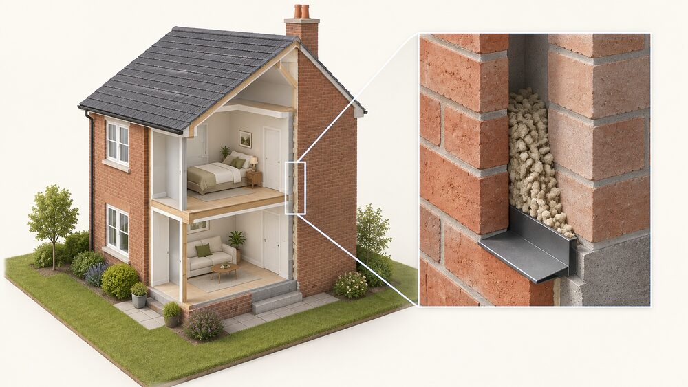 A cutaway section of a house's external cavity wall showing two brick leaves with a gap between them, the lower part of the cavity loosely filled with granular mineral wool, and a slanted cavity tray at the base directing water back out through the outer leaf.