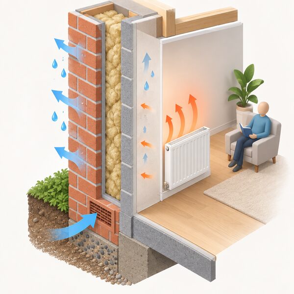 A cutaway of an external brick wall showing the closed cavity filled with mineral wool, with the inner wall fabric drying as warm air from an internal radiator and ventilation through a small air brick carry moisture out of the wall.