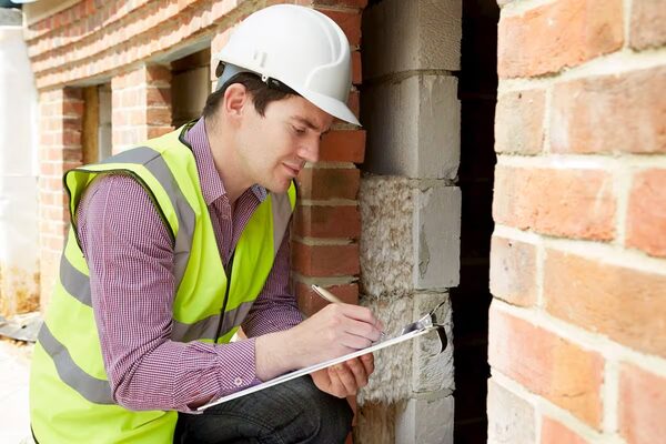 A surveyor in a hi-vis vest and hard hat inspecting a cavity wall opening in a brick house while writing on a clipboard