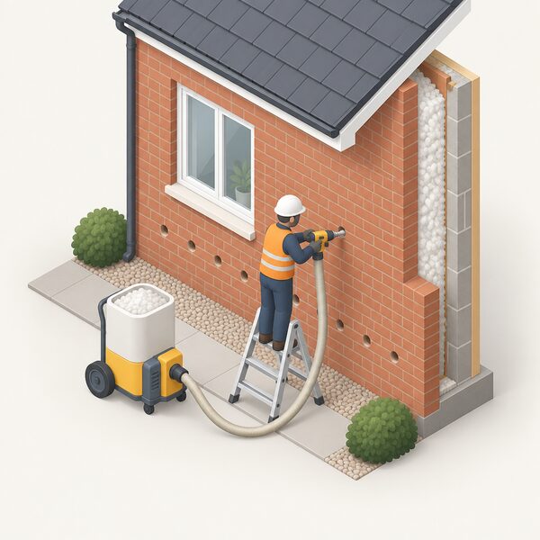 A small isometric installer on a ladder at the outside wall of a brick house, drilling a row of holes low in the outer leaf and injecting insulation into the cavity between the two wall leaves, with a hose from a machine standing beside them.