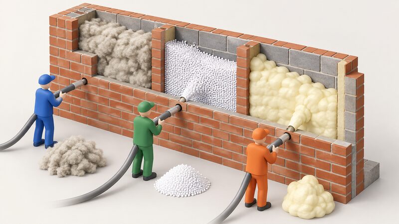 A cutaway diagram of one external wall showing three separate injection holes, each with a hose blowing a different material into the cavity: fluffy mineral wool, small round polystyrene beads and expanding polyurethane foam, each filling its own section of the cavity between the two brick leaves.