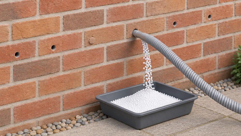 A close-up of an exterior brick wall with a grid of small drilled injection holes, one hole already made good with matching mortar, while a flexible injection hose enters another hole and white polystyrene beads pour from it into a shallow tray below.