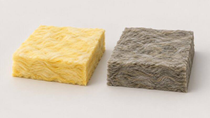A close-up of two cut-open hands of mineral wool insulation lying side by side on a plain surface, the left one yellow glass wool with a soft cotton-wool-like fibrous texture, the right one grey rock wool with a denser stone-fibre texture, both shown at the same scale for colour comparison.