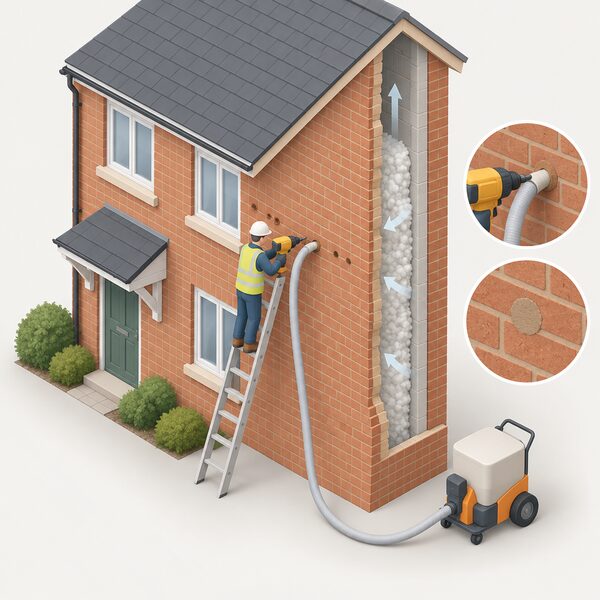An isometric installer on a ladder at the outside of a house drills a row of small holes through the brick outer leaf into the cavity behind, with a hose from a pressure injection machine feeding insulation into the holes and one drilled hole already made good with matching mortar.