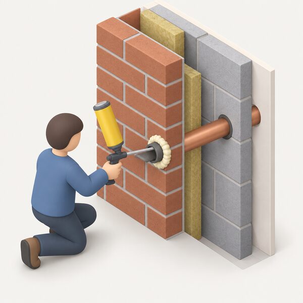 A small isometric figure in plain clothing uses a handheld foam applicator to seal the gap where a pipe passes through an external cavity wall, with the foam ringed around the pipe penetration only and no whole-cavity fill shown.