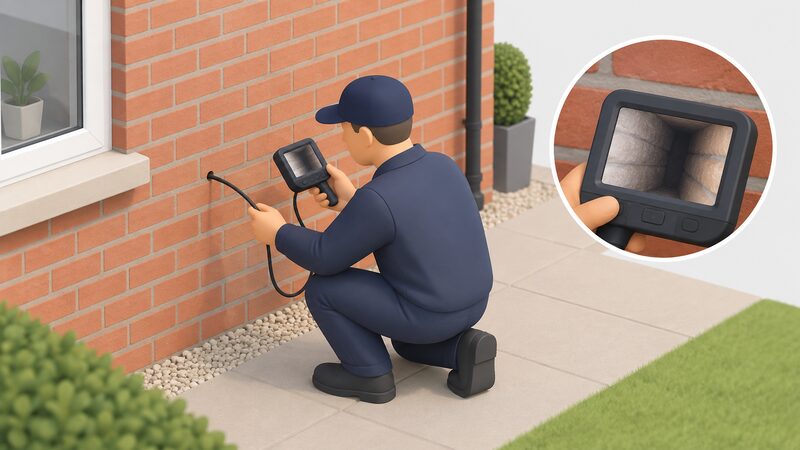 An installer crouched at an external brick wall of a house, holding a borescope with its probe inserted into a small drilled hole in the mortar joint, viewing the cavity interior on the handheld screen.