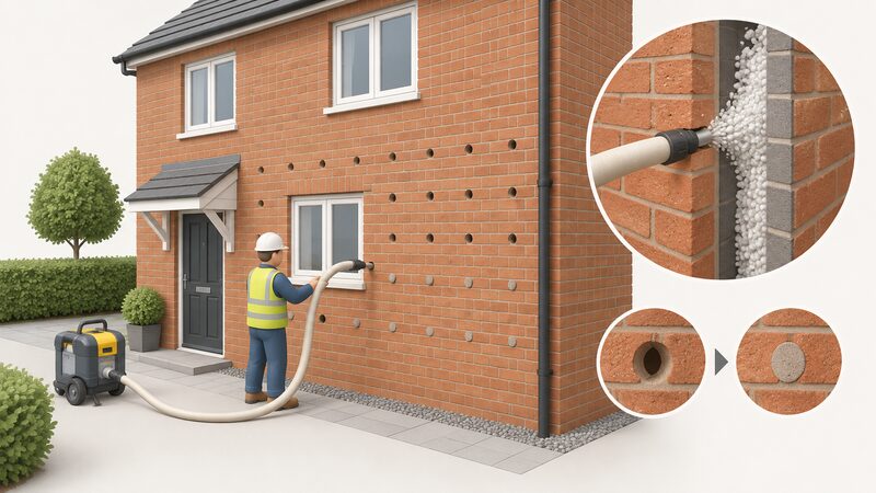 A brick house elevation with a grid of small drilled injection holes across the external wall, one hole with a hose and nozzle injecting insulation while nearby holes are shown freshly sealed with matching mortar plugs.