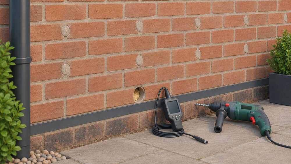 A close-up of an external brick wall elevation with a grid of small drilled injection holes, most neatly made good with mortar plugs, while one hole near the damp proof course is left open showing slumped insulation material exposed inside the cavity behind it, with a surveyor's borescope and drill resting against the brickwork below.