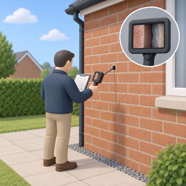 A surveyor in plain clothing stands at the external brick wall of a house, using a borescope inserted through a small drilled inspection hole to check the cavity, while consulting a clipboard, with the exposed elevation and open sky showing the wall's exposure to weather.