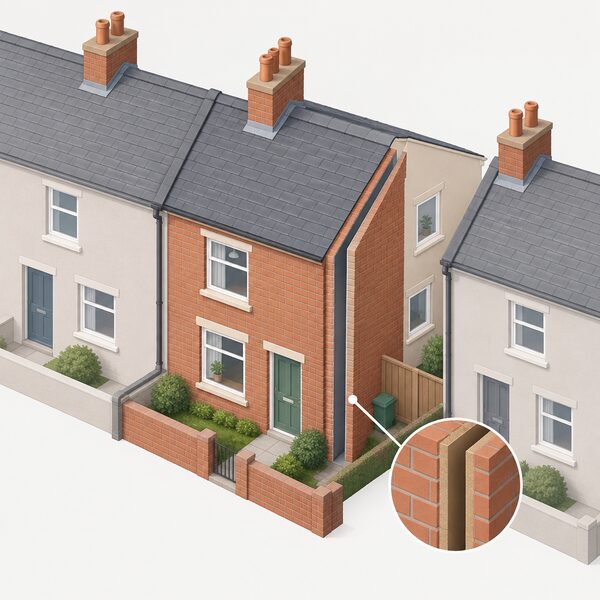 A simplified isometric view of a typical British mid-terrace brick house shown as one of a continuous row, with plain rendered party walls shared with neighbouring houses on both sides, small front and rear windows, a pitched roof and a visible external wall thickness suggesting a cavity between two brick leaves.