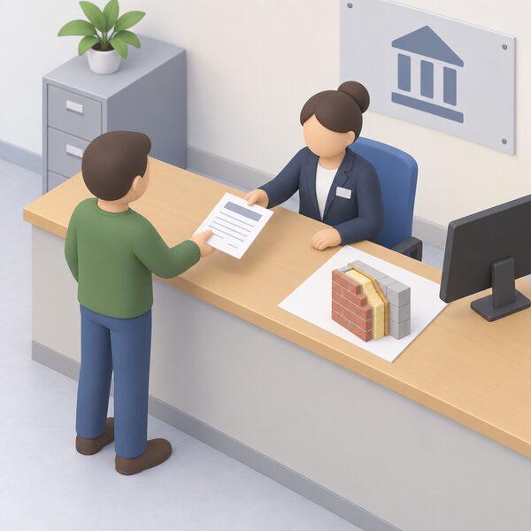 A householder handing a building notice form, shown as a physical document with blank lines and plain blocks, across a counter to a building control officer at a local authority building control body office, with a cutaway cavity wall insulation diagram lying beside the form on the counter.