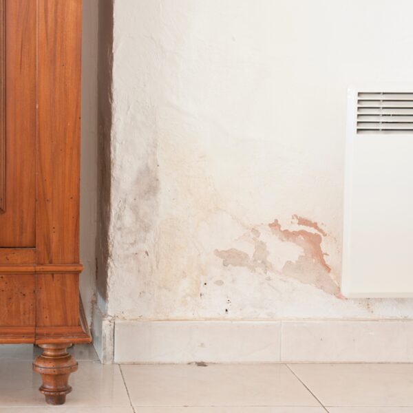 A damp-stained, peeling interior wall next to a wooden wardrobe and a white panel heater