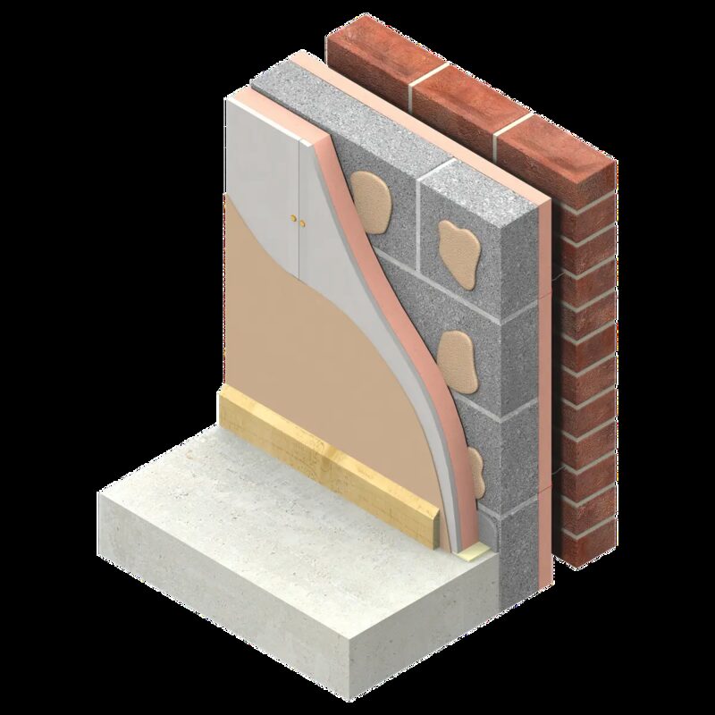 A 3D cutaway diagram of a masonry cavity wall with brick outer leaf, block inner leaf and insulated plasterboard lining