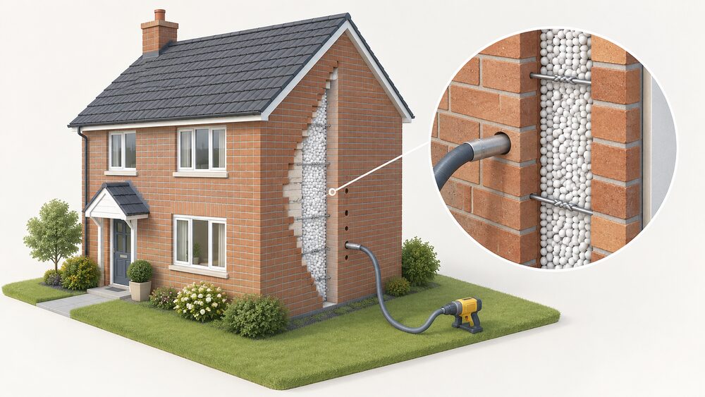A cutaway of a house's external masonry wall showing two brick leaves separated by a cavity, with metal wall ties spanning the gap and blown white insulation beads filling the space between the leaves, while outside on the ground a drill and hose stand by the drilled holes used to inject the fill.