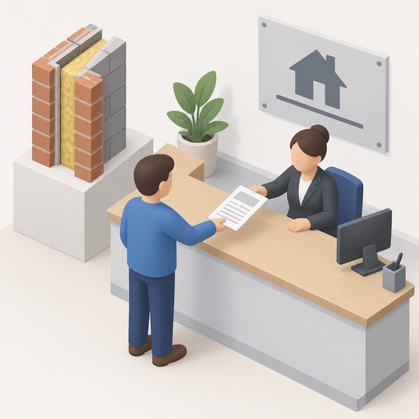 A simplified isometric householder handing a building notice form across a counter at a building control body office, the form shown as a physical sheet with blank lines and plain blocks, a small cutaway house wall with a cavity in the background.
