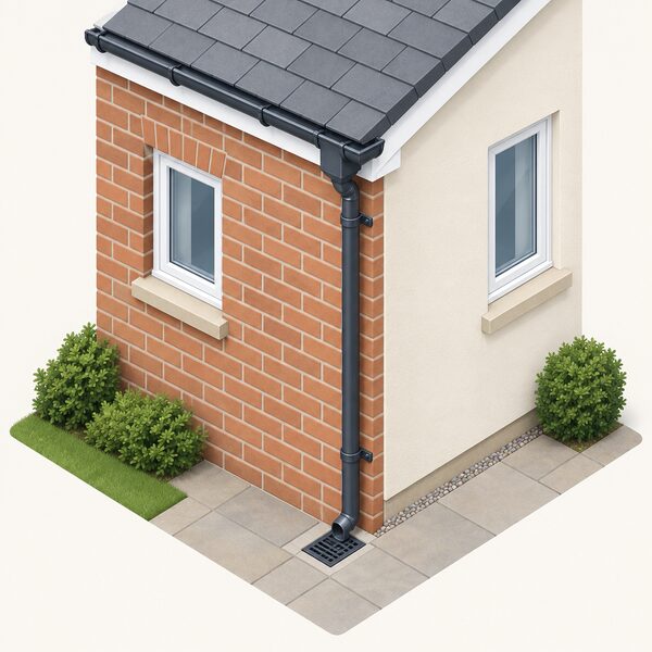 A simplified isometric view of a house exterior wall corner showing sound mortar pointing between bricks, intact render, and a clear, properly fixed gutter and downpipe running to a drain, with no overflow or blockage, illustrating the ordinary external maintenance that protects cavity wall fill.