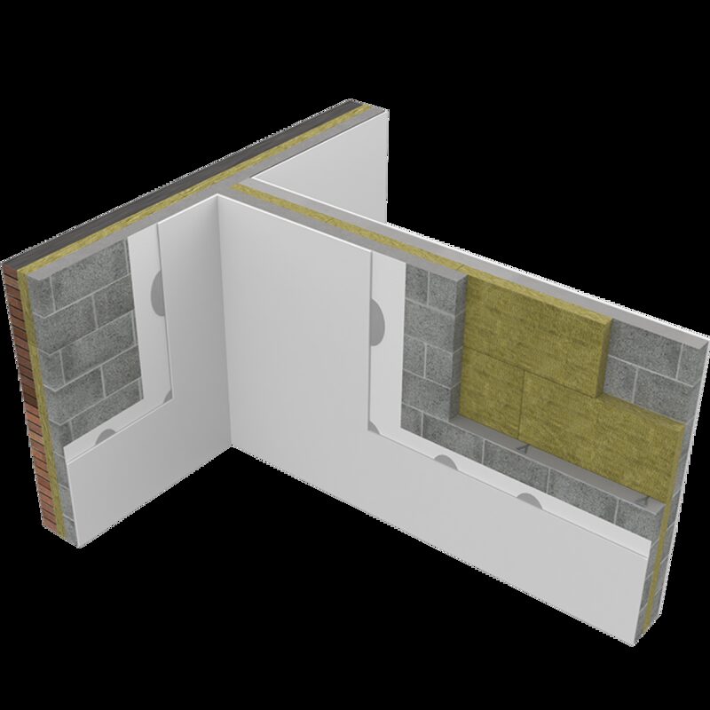 A 3D cutaway diagram of a cavity wall construction showing brick outer leaf, blockwork, mineral wool insulation slabs and plasterboard dry lining
